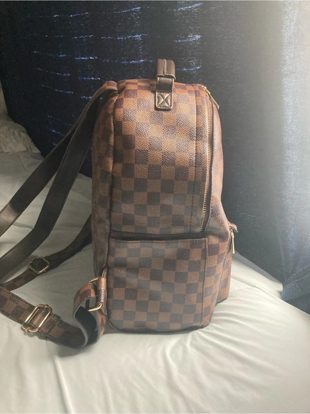 Women's Brown Checkered Backpack with Gold Hardware